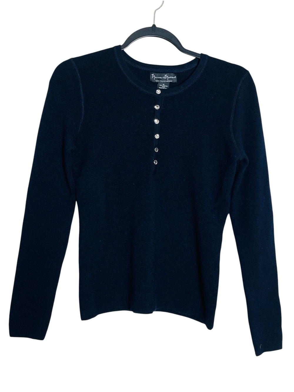 Mercer & Madison Navy 100% Italian Merino Wool Button-Placket Crewneck Sweater *